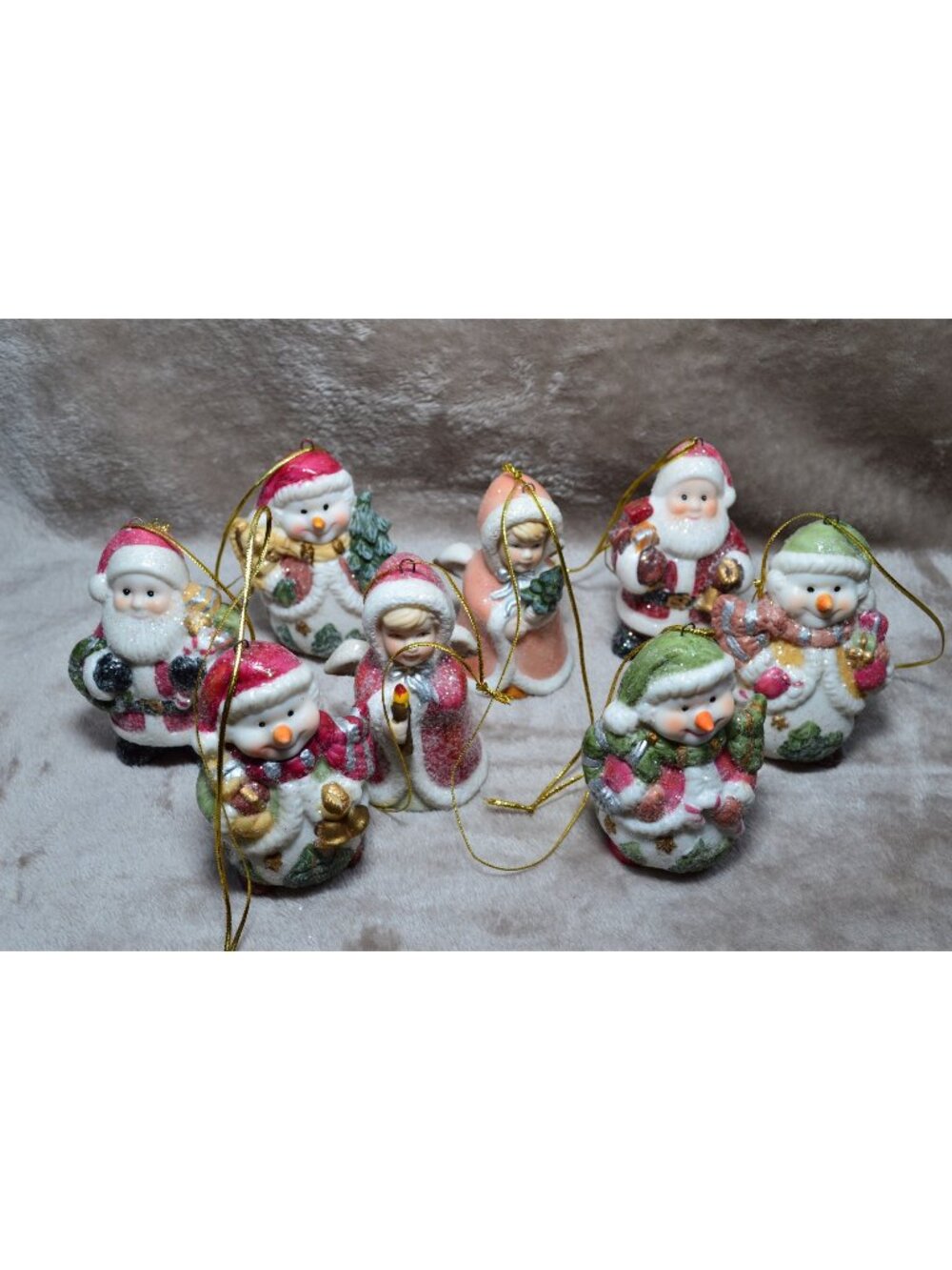 Vintage Ceramic Christmas Ornament Lot Sugared Santa Snowman Kitsch Cozy Holiday